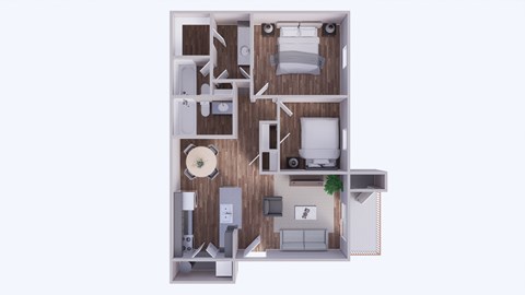 A 3D rendered image of a small apartment layout.